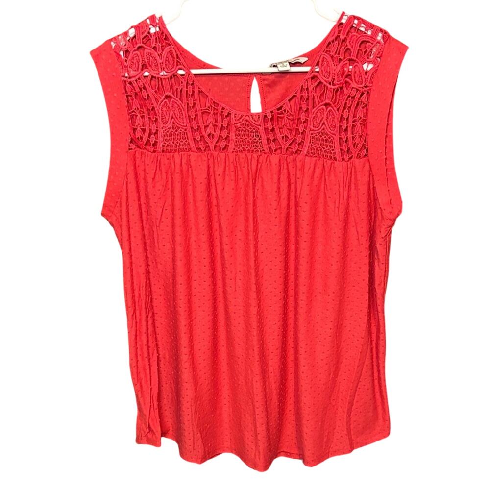 Zac & Rachel Red Lace Yoke Blouse 1X Sleeveless Textured Top